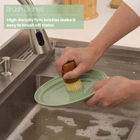 2PCS Set Teak Dish Scrub Brush by HTB, Good Grip Small Wooden Dish Brush with Teak Handle & Sisal Bristles for Kitchen