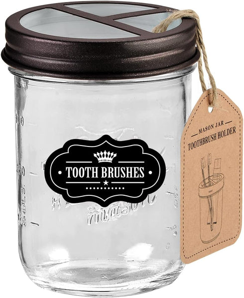 Mason Jar Toothbrush Holder with 16 Ounce Jar, Premium Rustproof 304 Stainless Steel Lid, Chalkboard Labels - Bronze