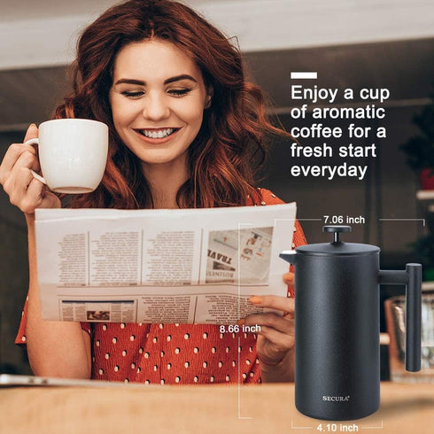 Secura French Press Coffee Maker, 34oz Insulated Coffee Press with 2 Extra Screens, 304 Grade Stainless Steel, Black
