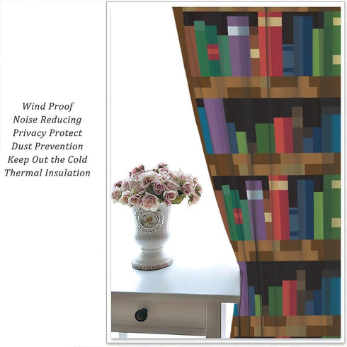 42x54in Pixelated Bookshelf Curtain for Kids, Shelf with Books in Pixel Art Style Game Concept Rod Pocket Window