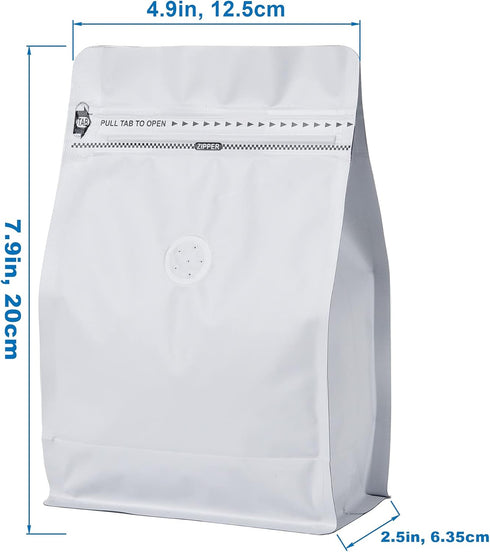 50 Count 8 Ounce Matt White Aluminum Foil Coffee Bags, Stand Up/Flat Bottom Side Gusset Coffee Pouches with Air Release