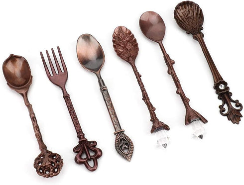 Fdit 6Pcs Vintage Carved Coffee Spoon Set, Retro Zinc Alloy Dessert Cutlery for Kitchen (Red Bronze)