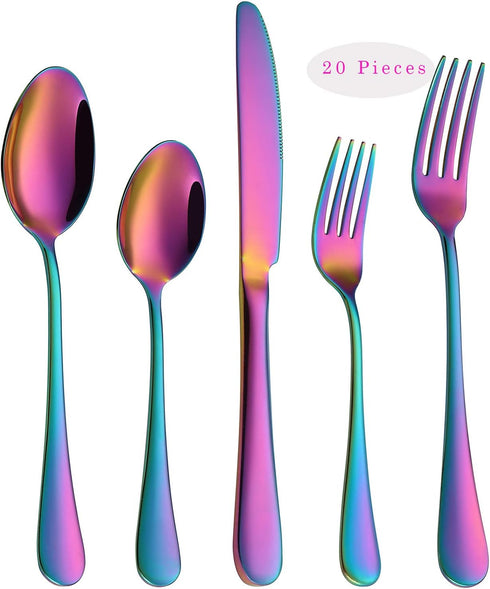 VANDBAO Rainbow Flatware Set, 20 Pieces Stainless Steel Colorful Utensils, Service for 4, Dishwasher Safe
