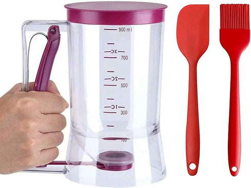 4 Cup Pancake Cupcake Batter Dispenser - 900mL with Measuring Label, Squeeze Handle, Silicone Brush for Baked Goods
