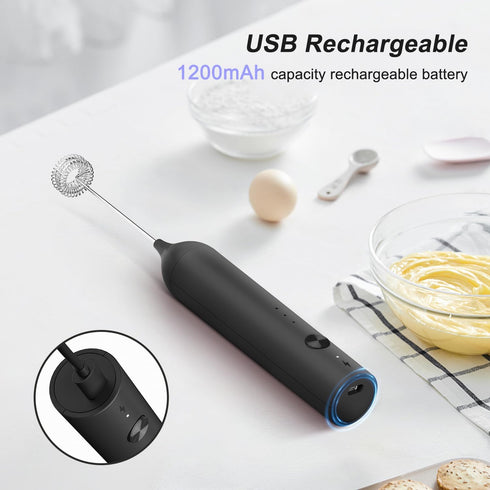 Powerful Electric Milk Frother Set, Rechargeable Drink Blender with Wand and Egg Whisk Attachments, 3 Speed Adjustable