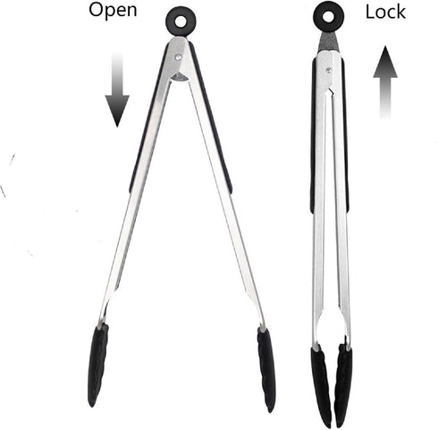 Long Kitchen Grill Tongs, Heavy Duty Stainless Steel with Locking Heat Resistant Non-Stick Silicone Tips