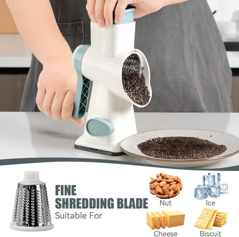 KEOUKE Rotary Cheese Grater with Handle, Vegetable Cheese Shredder Slicer for Kitchen, 3 Changeable Blades