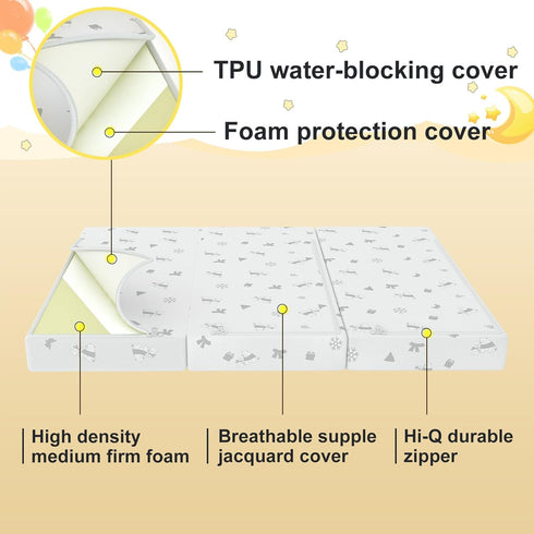 3"x26"x38" Trifold Mattress Topper, Waterproof Breathable Soft Removable Cover, Portable Mattress Pad with Carry Bag