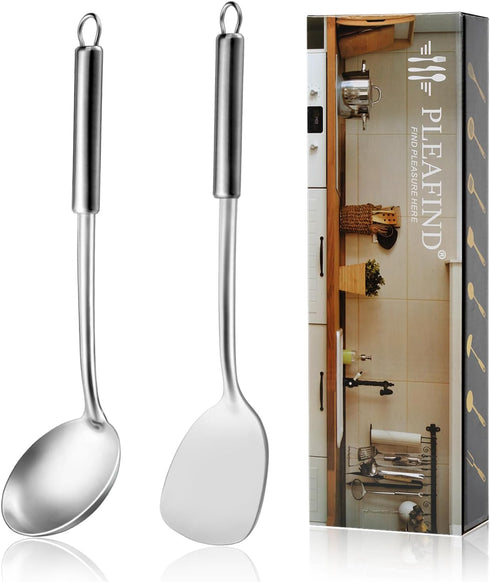 Pleafind 2-Pcs Cooking Utensils Set, Stainless Steel Ladle and Spatula, Soup Ladle and Wok Spatula for Home and