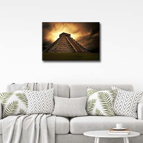 Mayan Chichen Itza Wall Art, Pyramid of Kukulcan El Castillo Sunset Painting, 16" Wx24" H Canvas Print