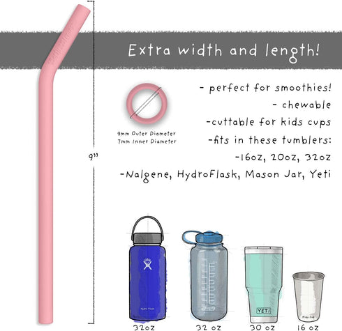 Reusable Silicone Drinking Straws - Big Size with Curved Bend for Tumblers, BPA Free, Flexible, Safe for Kids