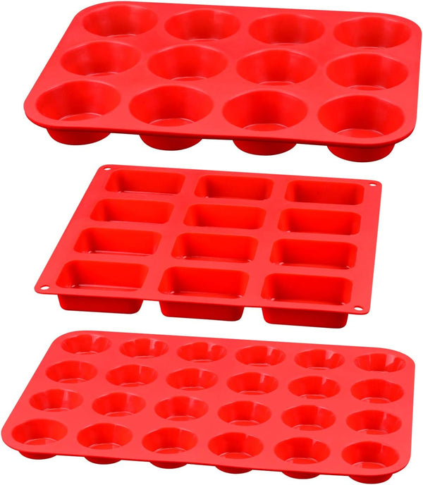 Silicone Muffin Pan Set, 3-in-1 Including Mini 24 Cups, Regular 12 Cups Muffin Pan & 12 Cavities Mini Loaf