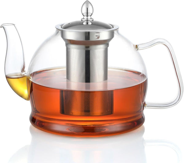 HIWARE 1500ml Glass Teapot with Removable Infuser, Stovetop Safe Tea Kettle, Blooming