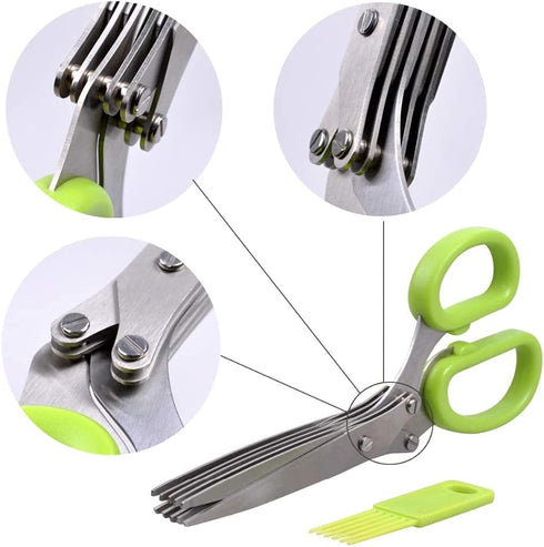 Herbal Scissors Stainless Steel 5 Blade Kitchen Scissors, Mince Fresh Herbs & Leafy Greens, Green