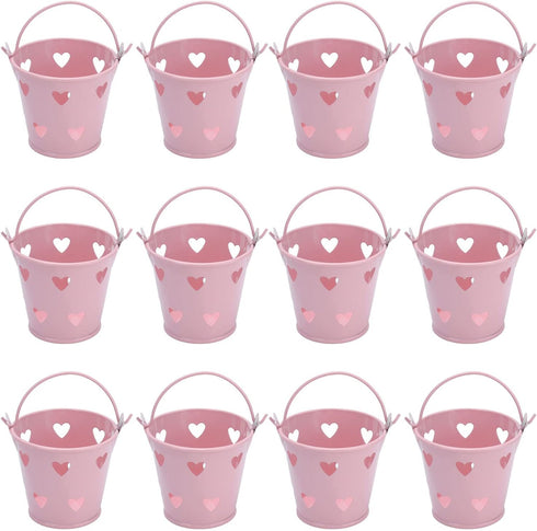 Tinplate Metal Bucket with Handle, 12pcs Mini Hollow Love Candy and Snack Storage Tin Bucket for Gardening Crafts, Home