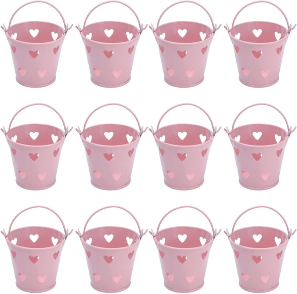 Tinplate Metal Bucket with Handle, 12pcs Mini Hollow Love Candy and Snack Storage Tin Bucket for Gardening Crafts, Home