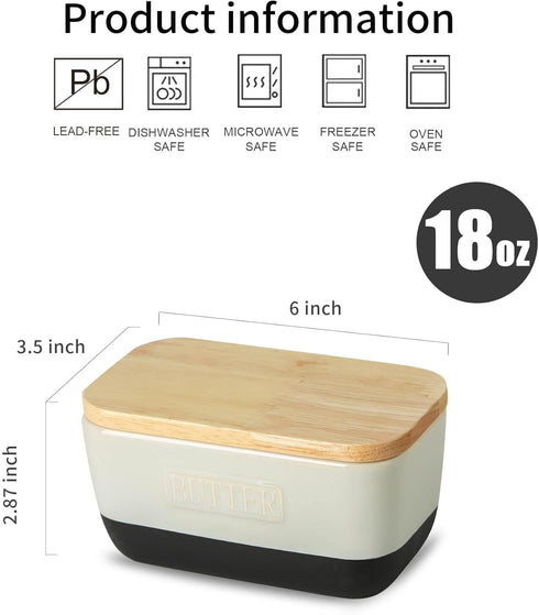 Countertop, 6 3.5 2.7) HVH Ceramic Butter Dish with Lid for Airtight Butter Keeper with Wooden Lid, Butter Holder