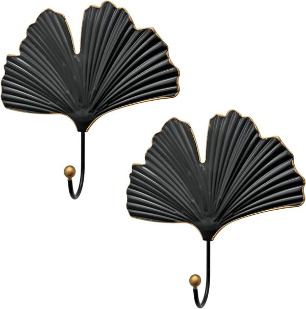 2pcs Modern Iron Single Hooks, Leaf Decoration Style for Wall Mounted Coats, Hats, Handbags, Home Decor (6in Black)