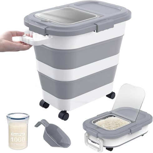 HOYTAMDA 25-35Lbs Rice Container,Collapsible Airtight Food Storage Containers with Wheels,Handle,Rice Storage Container