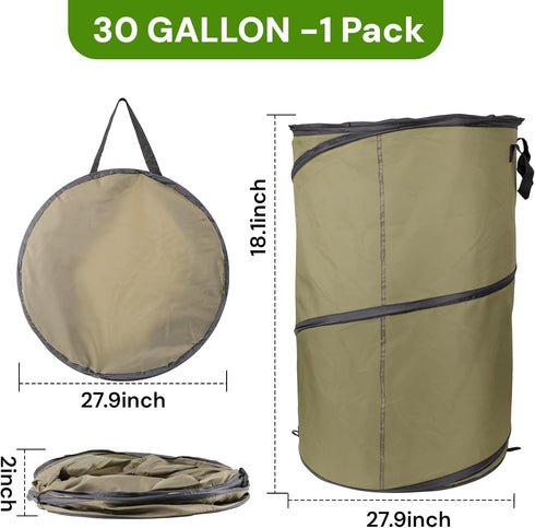 HUYEIOBGD Green1Pack 30 Gallon Collapsible Pop-Up Trash Can | Reusable Garden Waste Bag for Camping, RV, Yard Work