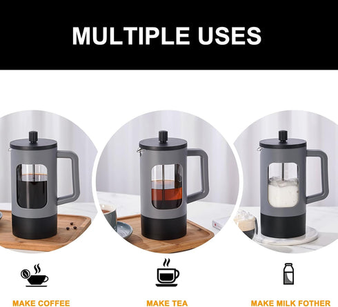 YOLIFE 34oz French Press Coffee Maker, 4 Cup, Heat-Resistant Borosilicate Glass, Portable Cold Brew (Grey/Black)