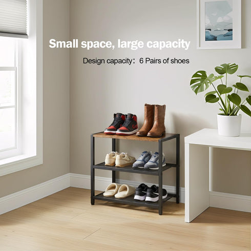 3-Tier Closet, 6 Wooden Shoe Rack with Metal Mesh Shelves - for Entryway, Hallway & Bedroom Holds Pairs, Ideal