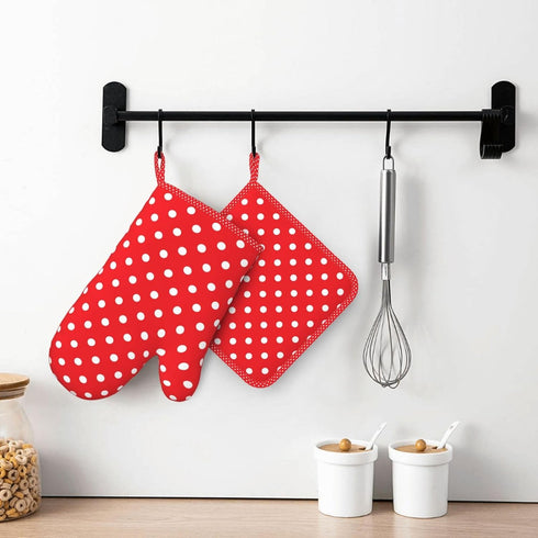 Polka Dot Oven Mitts and Pot Holders Set, Red and White, Heat Resistant Kitchen Gloves