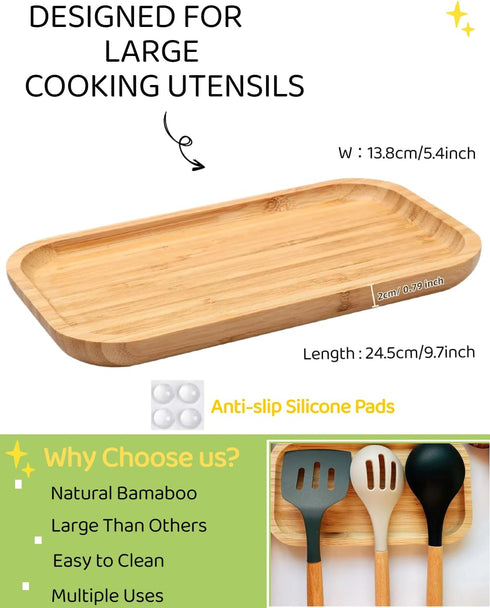 Large Wooden Spoon Rest, 9.7'' Stove Top Bamboo Spoon Holder, Kitchen Counter Cooking Utensils Rest, Farmhouse Small Food Serving Tray for Spatulas, Spoons,Turners, Ladles and Teaspoons