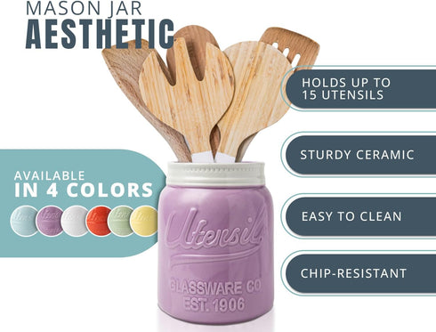 Comfify Wide Mouth Mason Jar Utensil Holder Decorative Kitchenware Organizer Crock, Chip Resistant Ceramic, Dishwasher Safe - Kitchen Caddy Purple, Large Size 7" High