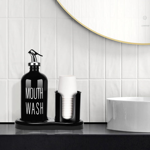 Set Bathroom,16 OZ 14 Glass Mouthwash Dispenser with Cup Holder,BYAWAY Mouthwash for Refillable Mouthwash Bottle