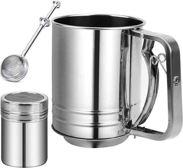 Stainless Steel Flour Sifter, 5 Cup 3 in 1 Sifter for Baking, Powdered Sugar Shaker Duster for Desserts