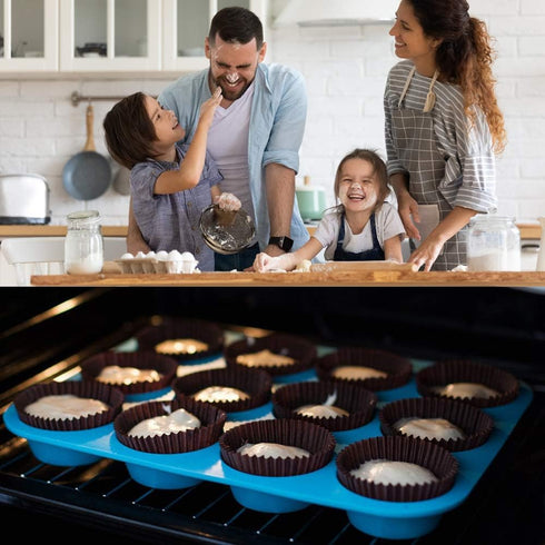 Silicone Muffin Pan Cupcake Set, Non-Stick 12 Cups and Mini 24 Cups, BPA Free with Spatula & Oil Brush