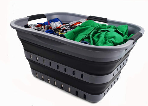 SAMMART 30L (8 Gallon) Collapsible Plastic Laundry Basket - Foldable Pop Up Storage Container (Grey/Black)