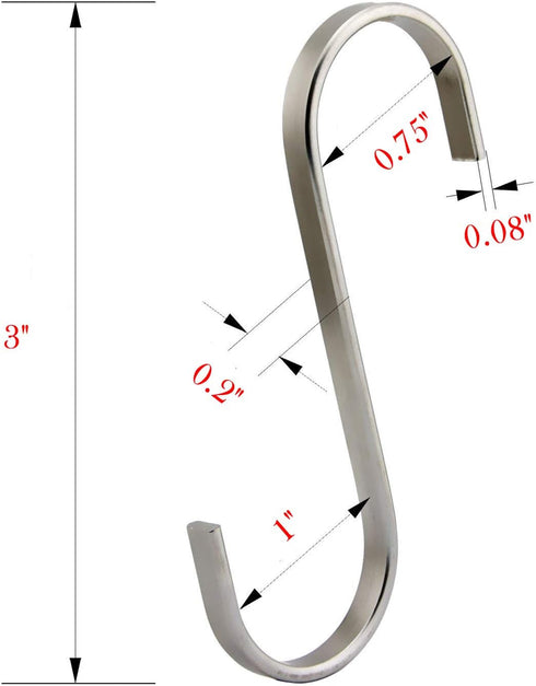 YourGift 20 Pack Flat S Hooks - Stainless Steel 3 inches S Shaped Hanging Hooks for Kitchen, Bathroom, Office