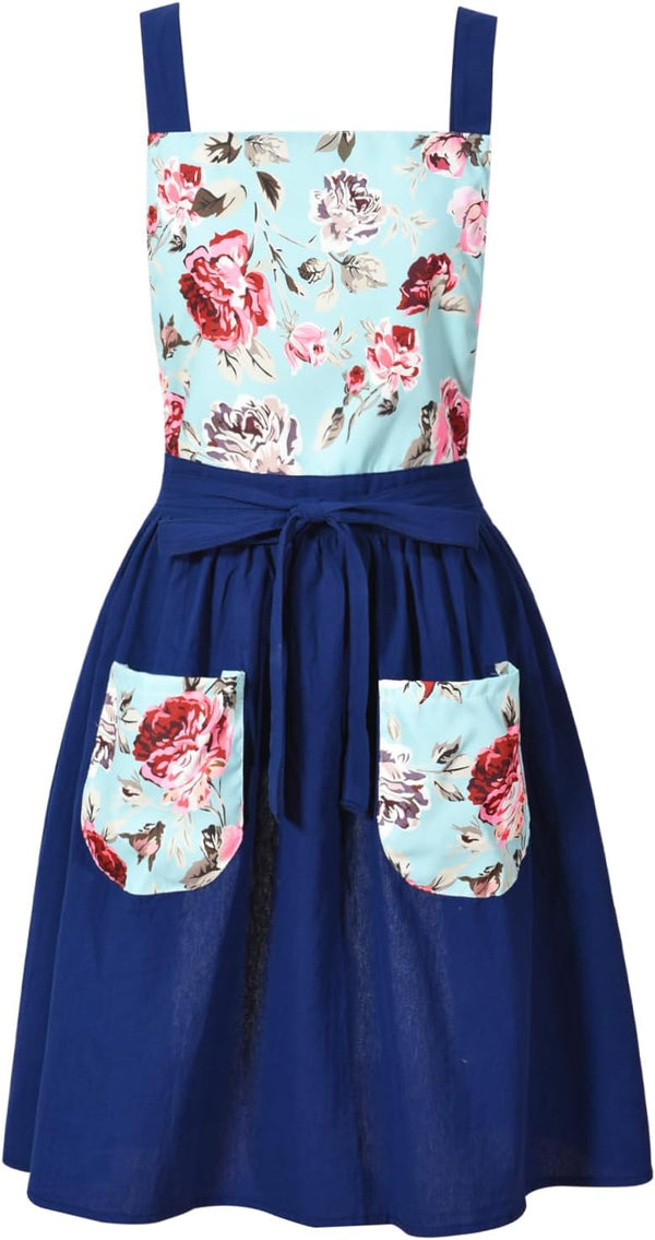Vintage Pinafore Apron Dress for Women: Cute Floral Chef Apron with Pockets for Kitchen Cooking, Baking, Gardening