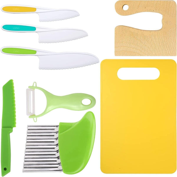 Leking 8 Pcs Wooden Kitchen Knife Set for Kids, Safe Knives, Potato Slicers, and Cutting Board