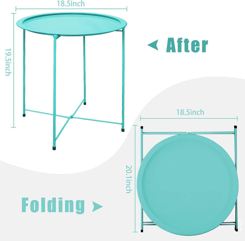 4 Garden you End Table Metal Side Table Green Round Folding Tray Cyan Sofa Small Accent Fold-able Table, Round End