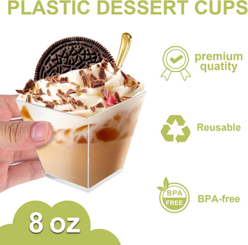 150 Pack 8oz 50, Square Plastic Dessert Cups with Dome Lids and Mini Gold Spoons, Clear Yogurt Parfait Cups Serves