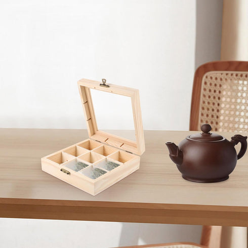 Ciieeo Wood Tea Storage Organizer with Clear Acrylic Top, 9 Compartments for Tea Bag Storage