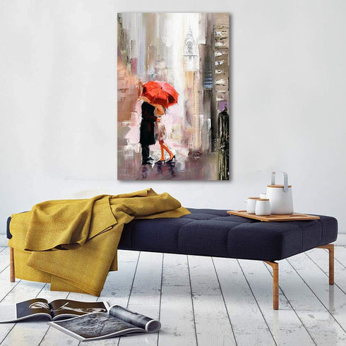 RUISHI Canvas Wall Art, Modern New York Cityscape Painting Decor, Lovers Under Red Umbrella, 24L x 16W