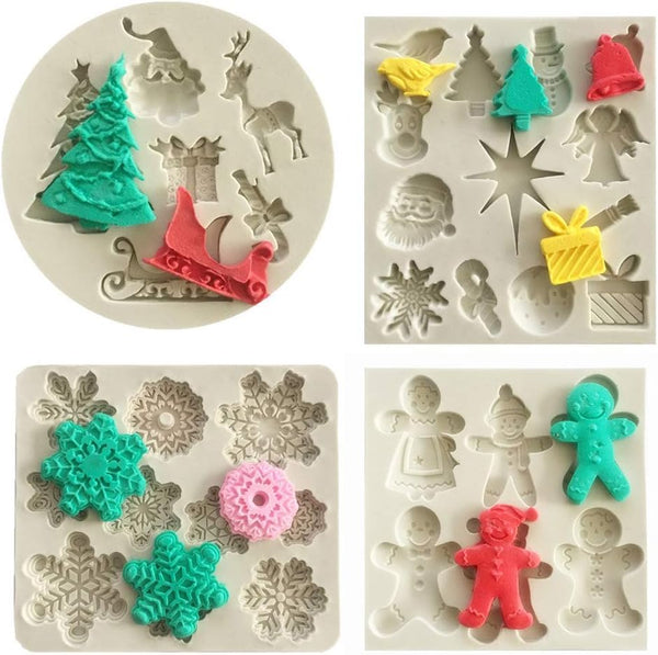 Set of 4 Christmas Fondant Molds - Xmas Cake Cupcake Decoration Silicone Chocolate Candy Mold, Christmas Decor