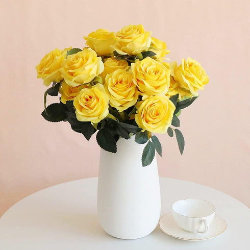 Jasion Artificial Roses Flowers - 10 Heads Silk Bouquet for Home Office Parties and Wedding Decoration (Yellow)