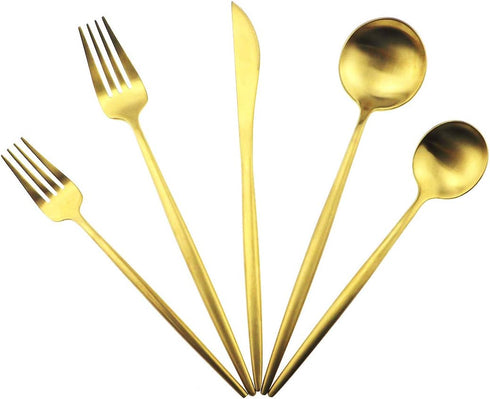 Gugrida Matte Gold 5-Piece Silverware Set, 18/10 Stainless Steel Satin Finish Kitchen Utensil Set, Dishwasher Safe