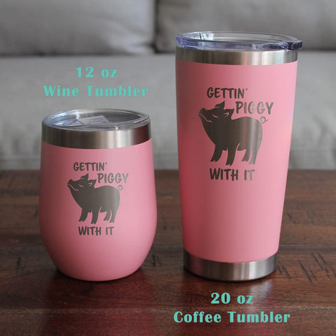 Bevvee Gettin Piggy Insulated Coffee Tumbler Cup, Stainless Steel Mug with Sliding Lid, Pig Themed Coffee Gifts (Pink)