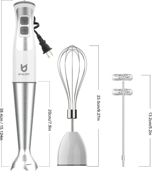 Immersion Hand Blender, UTALENT 3-in-1 8-Speed Stick Blender with Milk Frother, Egg Whisk for Smoothies and Soups