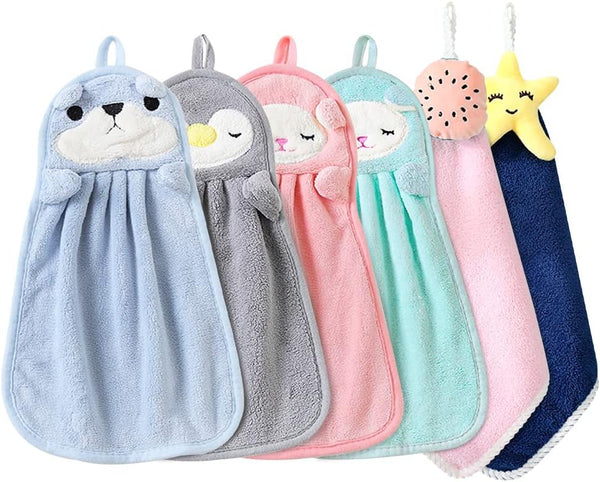 FHDUSRYO 6Pcs Cute Animals Hand Towels Set for Kitchen, Absorbent Soft Coral Velvet