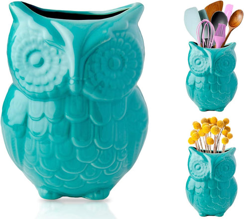 Comfify Decorative Owl Utensil Holder, Aqua Blue Ceramic Cookware Crock & Organizer, 5” x 7” x 4” Size