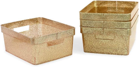 Isaac Jacobs Small Glitter Storage Bin (10” x 7.5” x 4.25”), Set with Cut-Out Handles, Multi-Functional Organizer, Gold