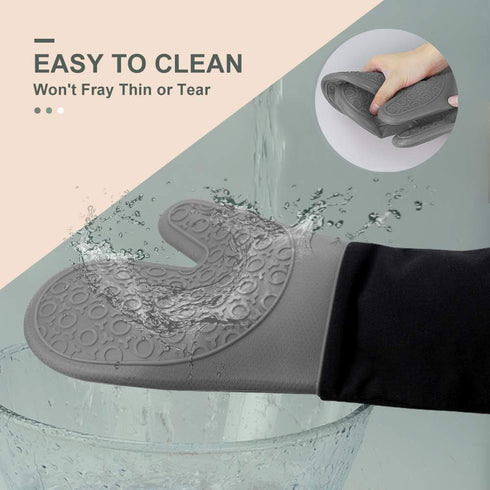 sungwoo Extra Long Silicone Oven Mitts, Heat Resistant Gloves, Non-Slip Textured Grip, 14.6 Inch Grey & Black