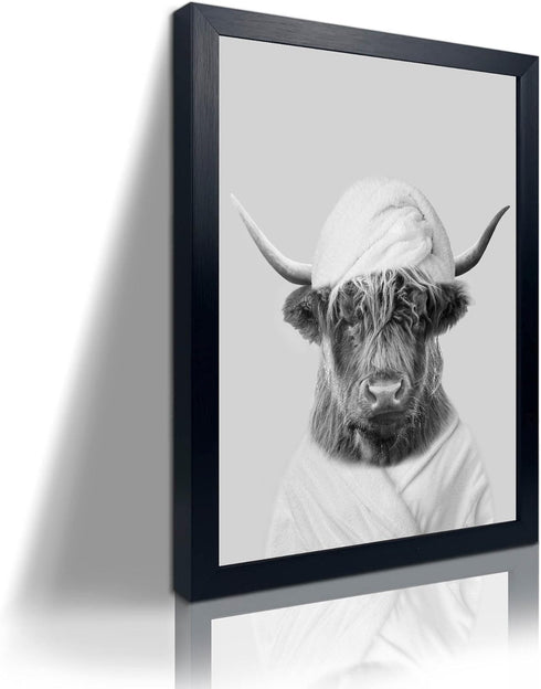 Funny Highland Cow Framed Wall Art, Black and White Canvas Cow in Bathroom Picture, Rustic Style Artwork 8"x10"